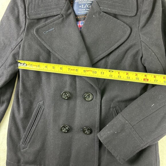 American Eagle Double Breasted Pea Coat Navy Blue Womens Size Large Plaid Liner - Picture 6 of 8